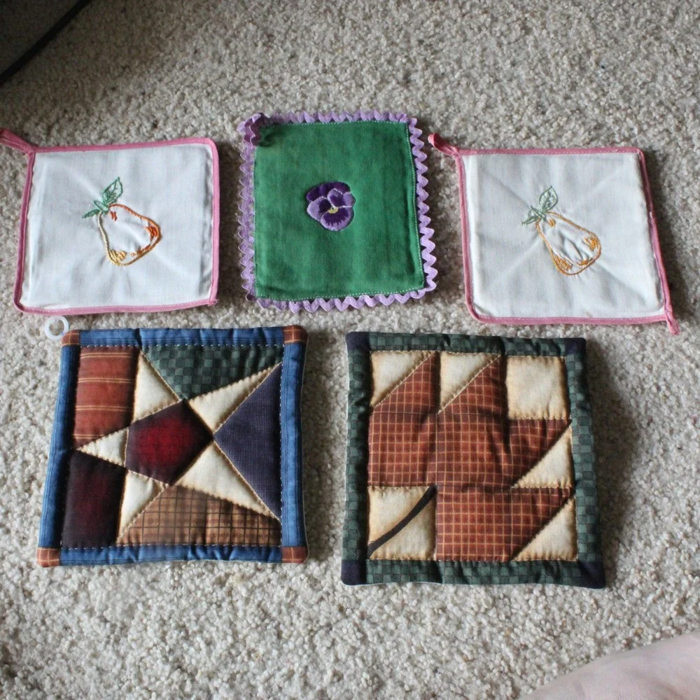Handmade Potholders Coasters Vintage Embroidered Quilted Set 5 Multicolor OS
